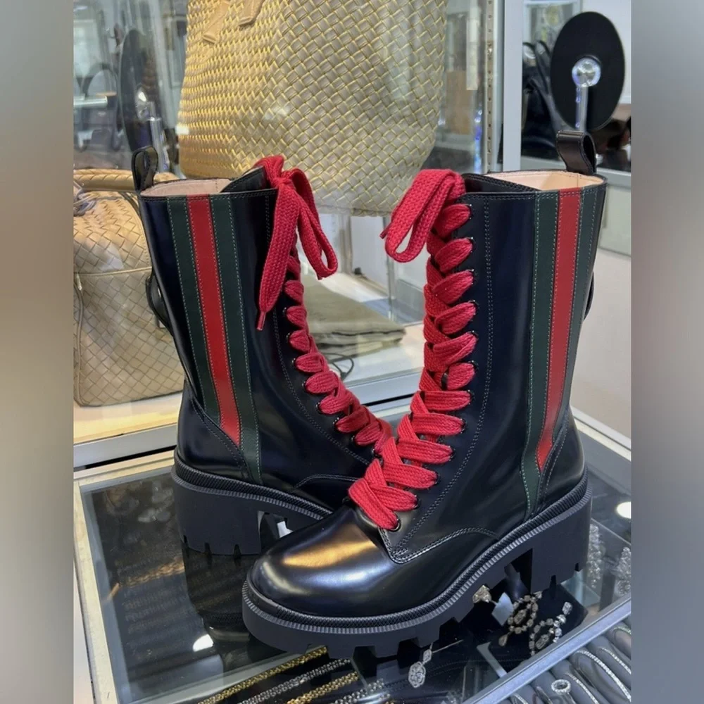 New GUCCI Black Leather Sylvie Web Stripe Lace Up Combat Boots Size 36.5 - Picture 12 of 13